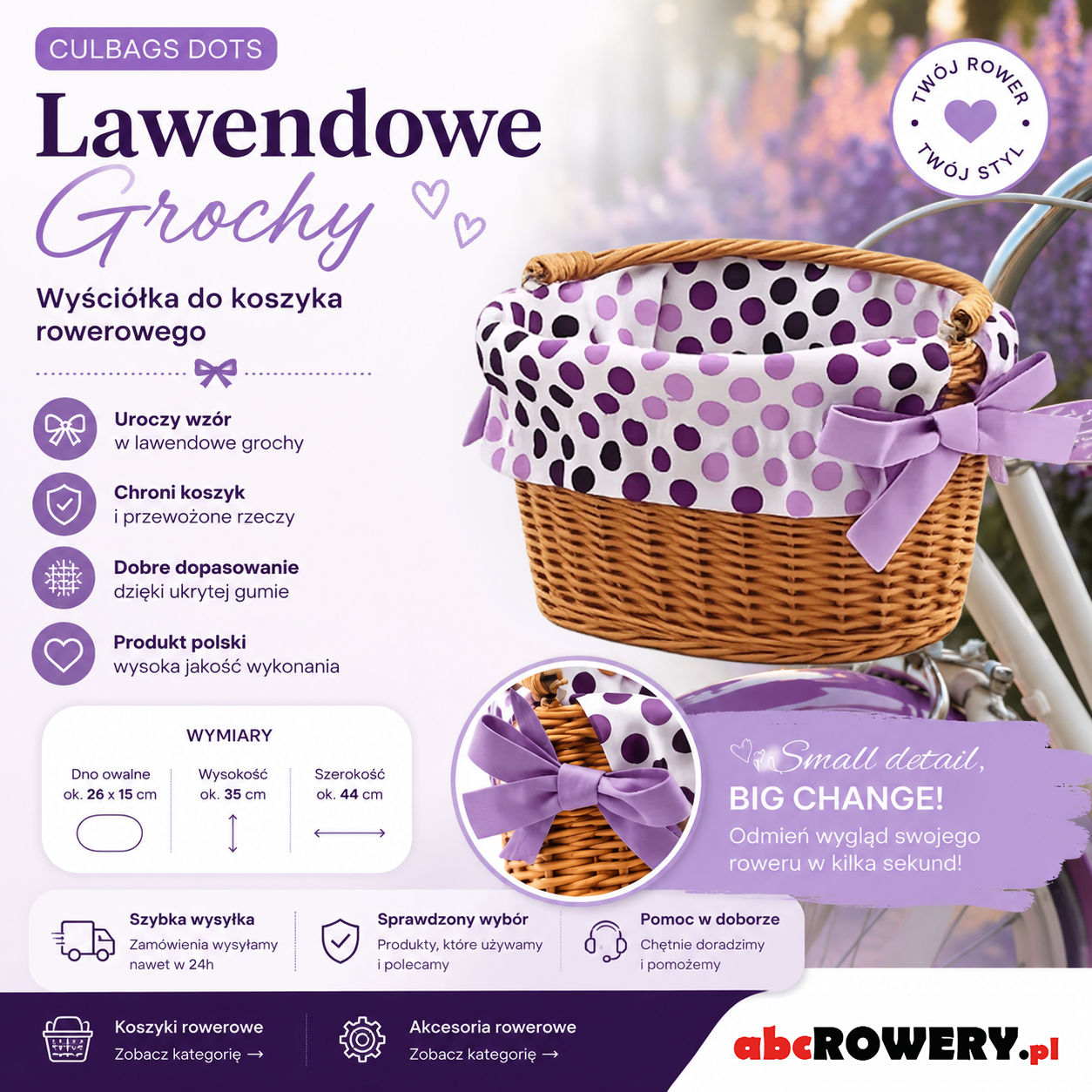 Wyściółka do koszyka rowerowego CULBAGS DOTS Lawendowe Grochy